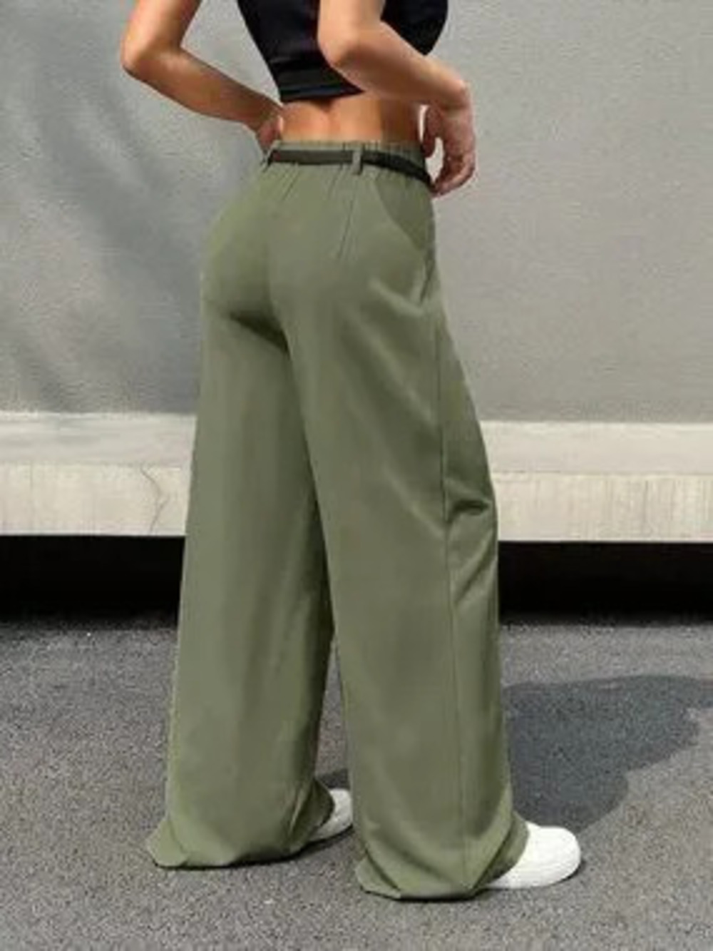 Green Casual Women's Zip Front Wide Leg Pants
